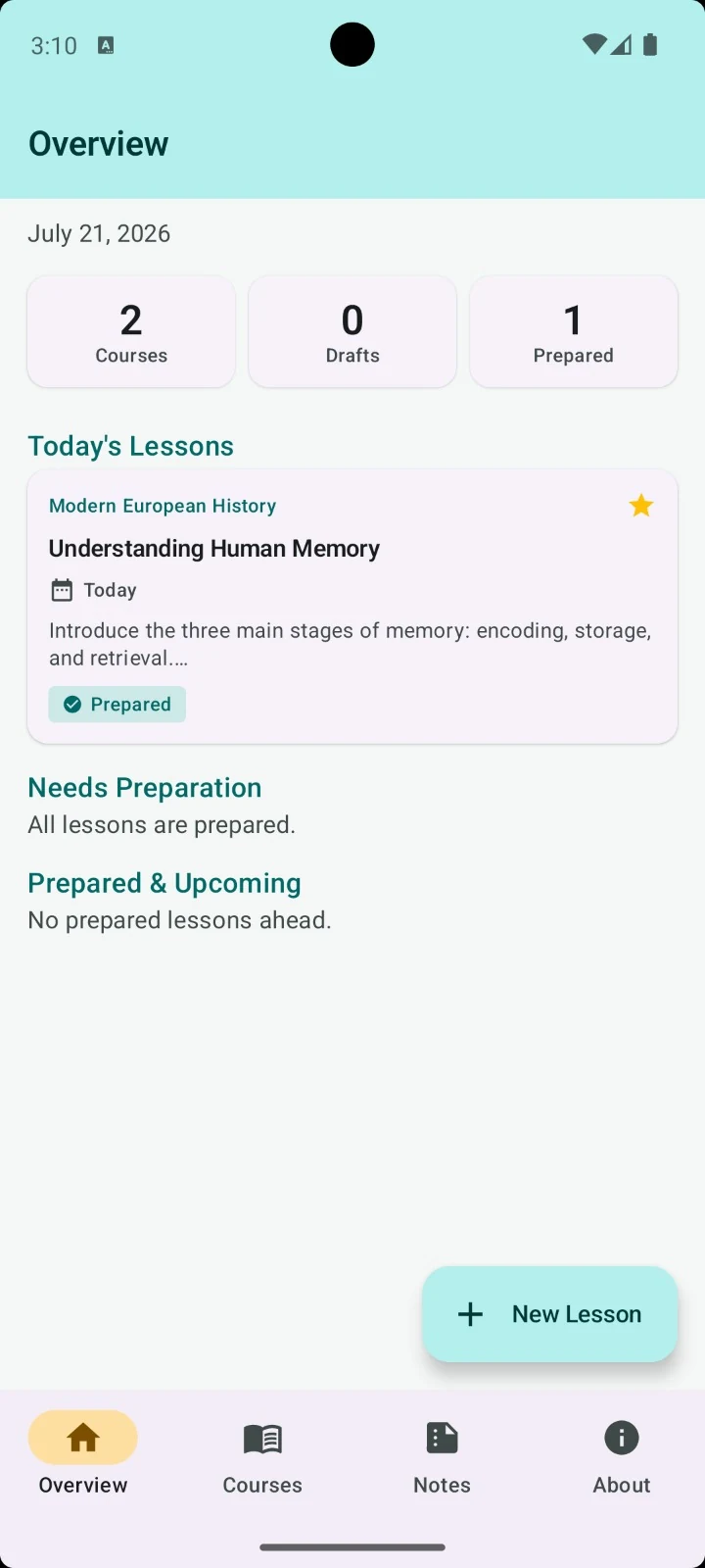 Professor Notes overview screen showing courses, prepared lessons and today's lesson
